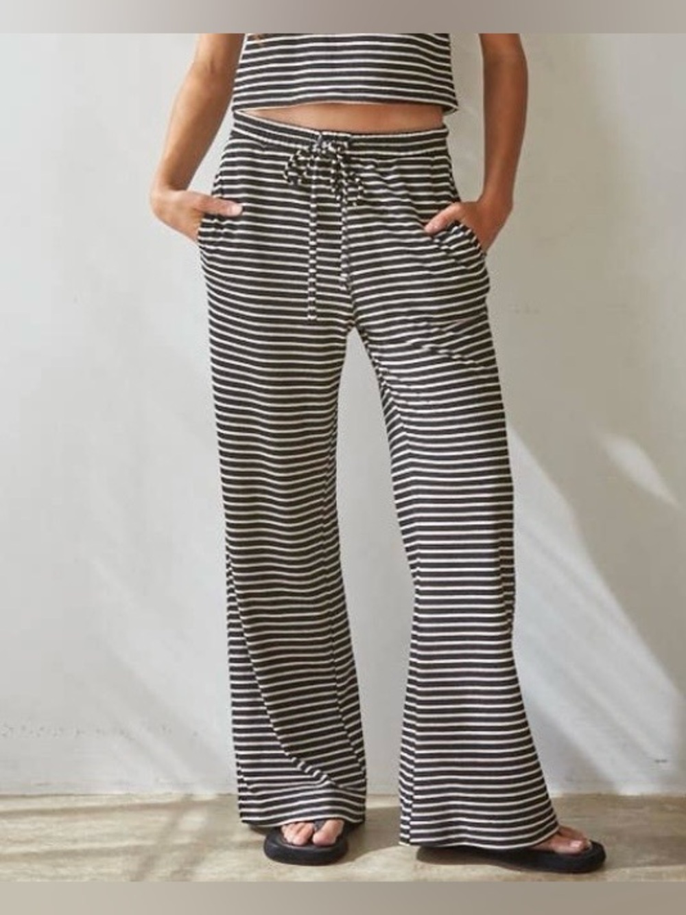 By Together black & Ivory knit striped flare pant